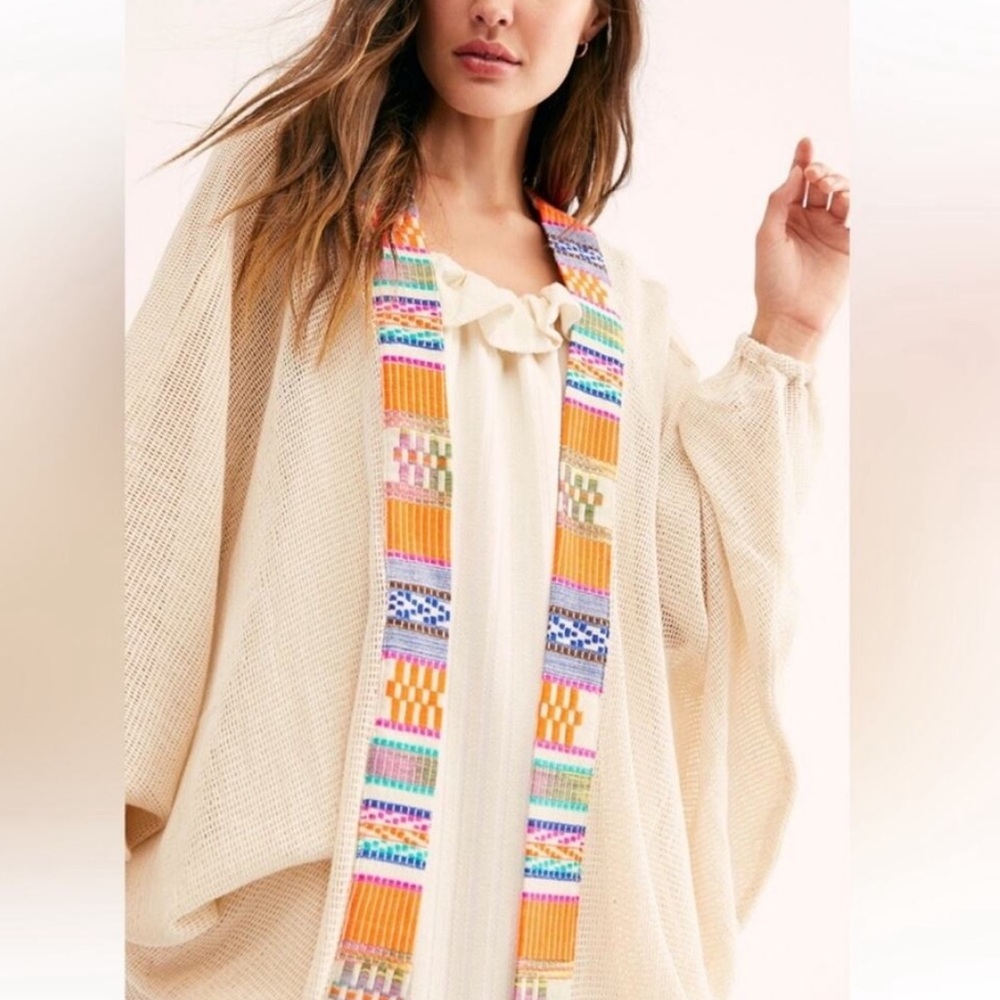 Free People Bonita Crochet Trim Kimono Sheer Mesh One Size